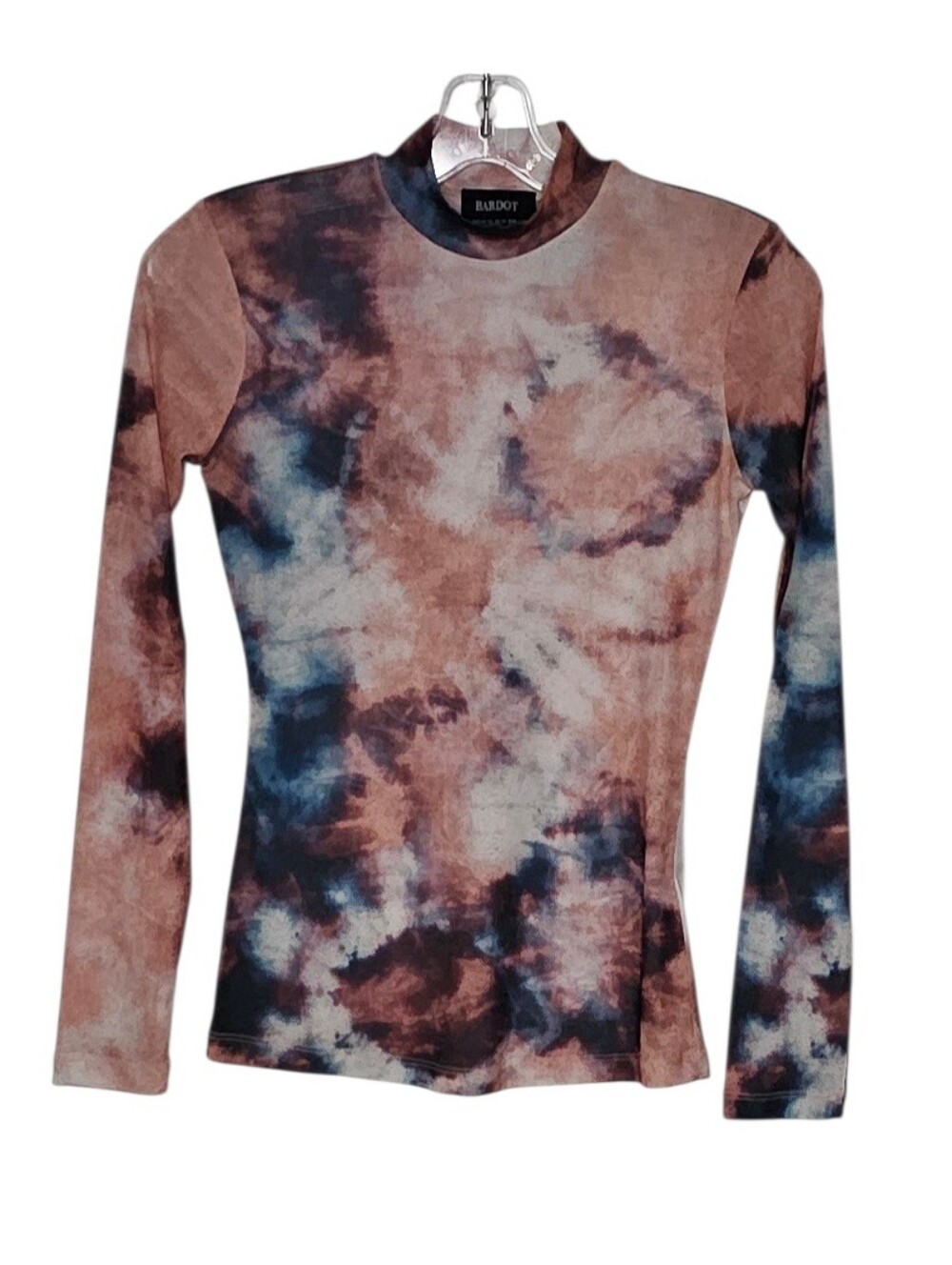Bardot Mesh Long Sleeve Mock Neck Top in Wine Cobalt Blue Rust Abstract Print XS